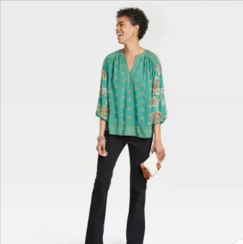 NWT Knox Rose Boho Teal Floral Peasant Blouse - Size Large
